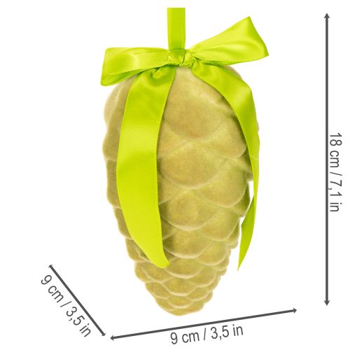 Lot de 3 pommes de pin décoratives en plastique floqué avec ruban et nœud, longueur 18 cm, tons verts | Floristik24.fr
