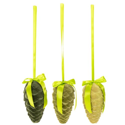 Lot de 3 pommes de pin décoratives en plastique floqué avec ruban et nœud, longueur 18 cm, tons verts | Floristik24.fr
