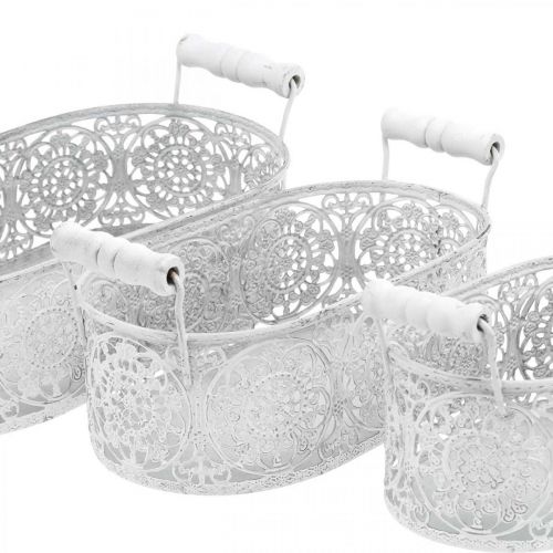 Article Bols pour plantation, pot décoratif à décor de dentelle, récipient en métal avec anses, ovale blanc, argent Shabby Chic L25.5/20/15cm H7cm lot de 3