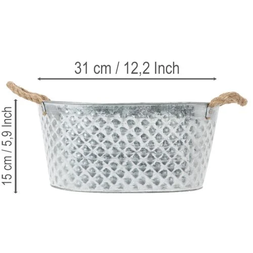 Zinc ovale décoratif avec motifs et poignées en corde 31x20x15cm | Floristik24.fr