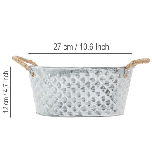 Bol ovale en zinc avec anses en corde, 27 cm x 17,5 cm, H 12 cm | Floristik24.fr