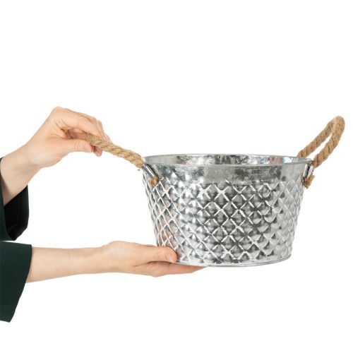 Coupe en métal zinc ronde avec poignées en corde Ø25cm H14cm | Floristik24.fr