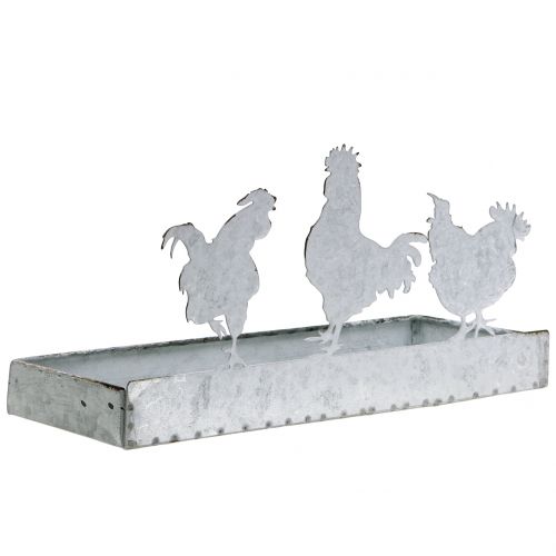 Floristik24 Plateau en zinc avec poules 30x12cm H15,5cm