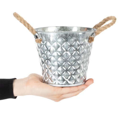 Petit seau en zinc avec poignées en corde Ø14,5cm H13cm | Floristik24.fr