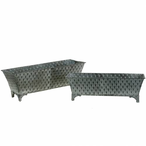 Récipient en zinc avec motif diamant carré antique 35,5cm x 14,5cm / 32,5cm x 11,5cm 2pcs