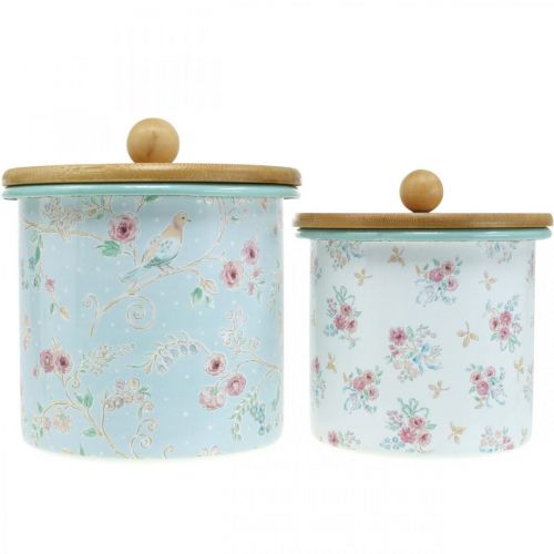 Article Boîte émaillée avec couvercle bois motif fleur H10/12cm lot de 2