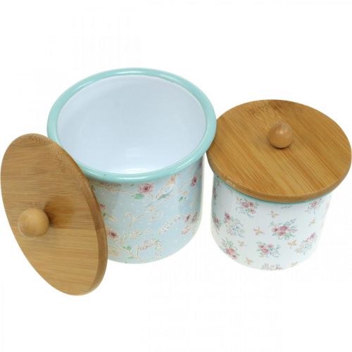 Article Boîte émaillée avec couvercle bois motif fleur H10/12cm lot de 2