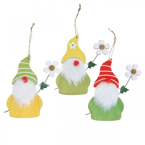 Floristik24 Nain de décoration printanier à suspendre nain en bois avec fleur H17cm 6 pcs