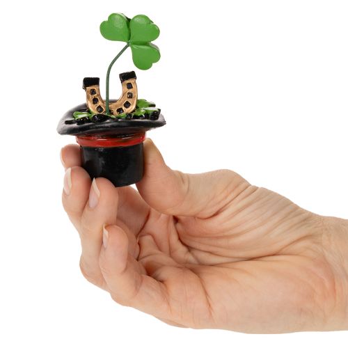 Article Set de 3 figurines porte-bonheur trèfle et coccinelle en chapeau haut de forme, 7 cm, plastique noir, vert et rouge