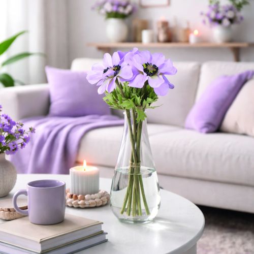 Article Fleurs d'anémones artificielles lilas, 34 cm de long, lot de 4