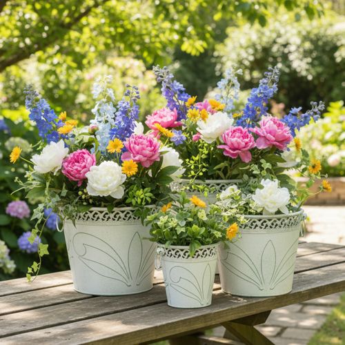 Pot de fleurs en métal gaufré avec poignées, blanc et vert, style shabby chic, H 22/19,5/17,5 cm, Ø 25,5/20,5/15,5 cm, lot de 3 | Floristik24.fr