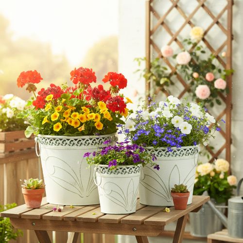 Pot de fleurs en métal gaufré avec poignées, blanc et vert, style shabby chic, H 22/19,5/17,5 cm, Ø 25,5/20,5/15,5 cm, lot de 3 | Floristik24.fr