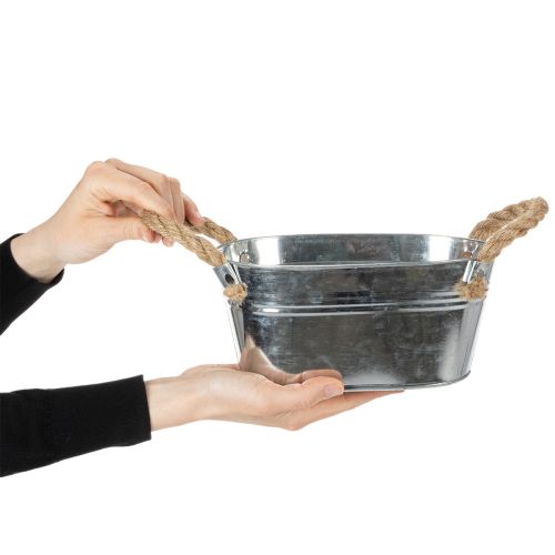 Bol en métal argenté avec anses en corde, hauteur 22 cm, hauteur 10 cm | Floristik24.fr