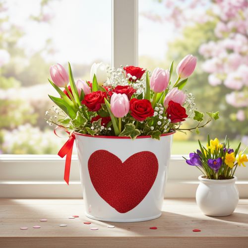 Cache-pot blanc en métal avec cœur rouge pailleté Ø13cm H10,5cm | Floristik24.fr