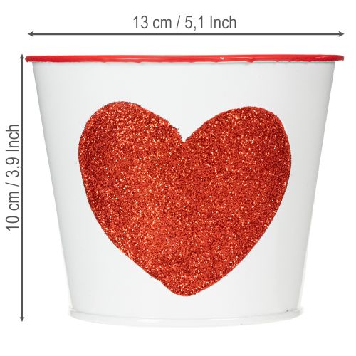 Cache-pot blanc en métal avec cœur rouge pailleté Ø13cm H10,5cm | Floristik24.fr
