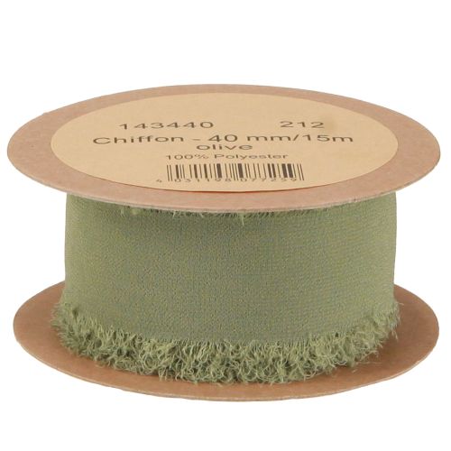 Article Ruban en mousseline de soie vert olive à franges, largeur 40 mm, longueur 15 m