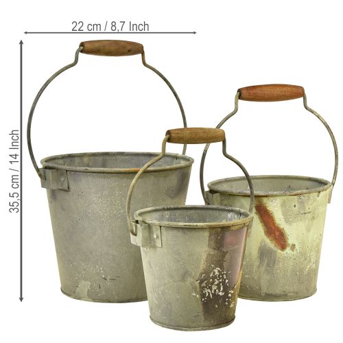 Seau décoratif vintage en métal rouillé Ø15/17,5/22 cm, lot de 3 | Floristik24.fr
