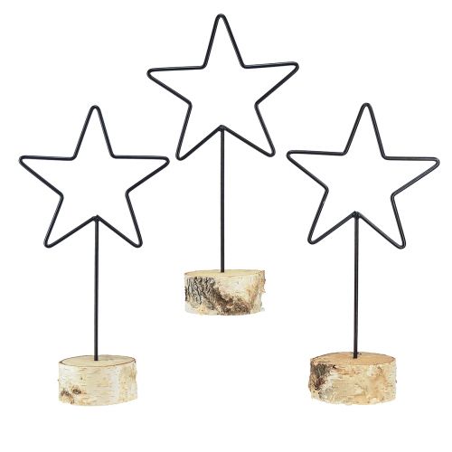 Article Bougeoirs étoiles décoratifs sur socle en bois noir &amp; naturel, 40 cm - décoration de table élégante 3 pièces