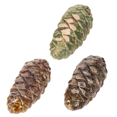 Pommes de pin décoratives en céramique, assorties vertes, jaunes et brunes, 8,5 cm, lot de 6 | Floristik24.fr