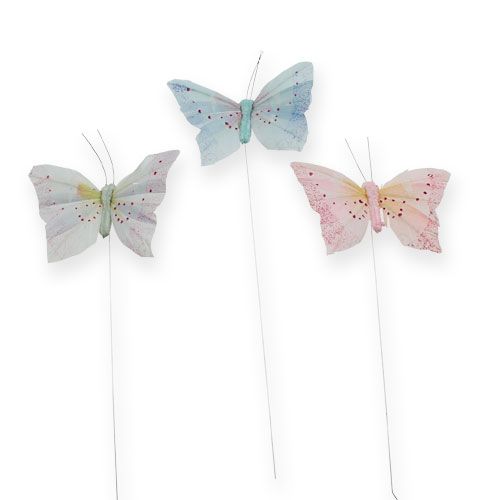 Papillon décoratif sur tige pastel 8 cm 12 p.