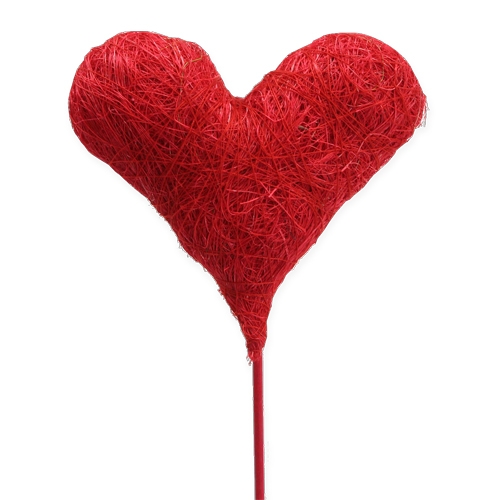 Floristik24 Figurine coeur en sisal à piquer, rouge 10 cm 12 p.