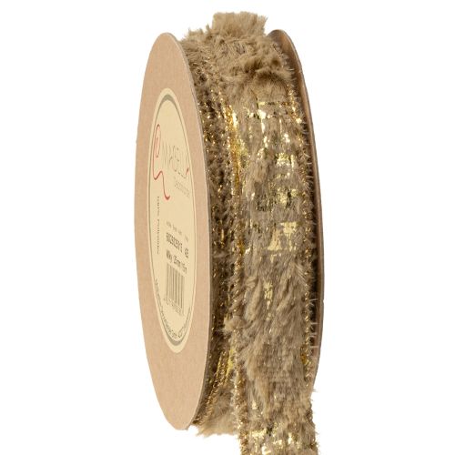 Ruban décoratif avec fourrure, ruban en fausse fourrure, marron doré, 25 mm, 15 m