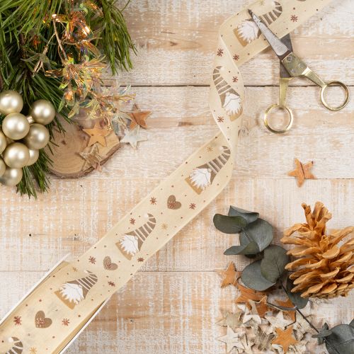 Ruban en tissu beige avec motifs lutins et cœurs 40 mm x 15 m pour décoration intérieure | Floristik24.fr