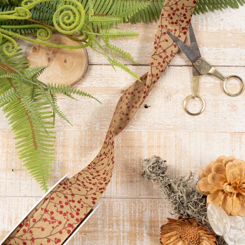 Ruban décoratif branches avec baies rouges pailletées 40mm 15m | Floristik24.fr