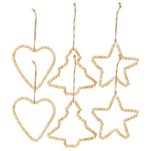 Article Décorations de Noël : perles en bois, cœur, étoile, sapin, 13 cm de haut, lot de 6