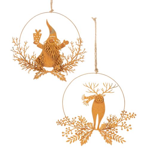 Bague décorative de Noël, renne dans une bague, Père Noël avec un cadeau, décoration en métal, finition rouillée, Ø 18 cm, lot de 2 acheter | Floristik24.fr