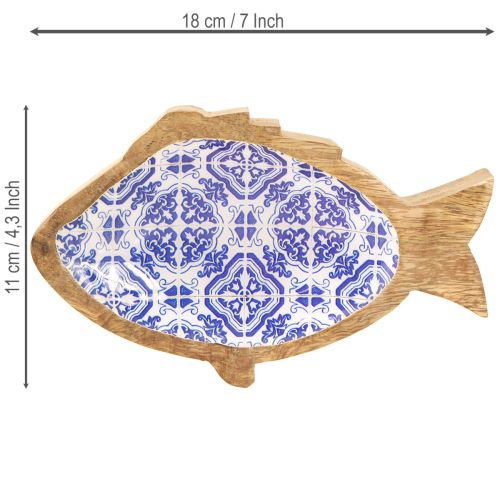 Article Bol décoratif en bois décor poisson naturel bleu blanc 18×11×3cm