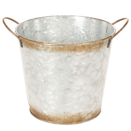 Article Pot décoratif avec anses, seau de plantation, récipient en métal, argenté, acier patiné, Ø 17 cm H 16,5 cm