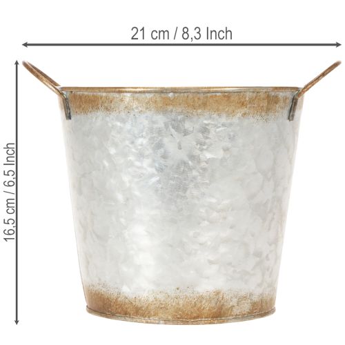 Article Pot décoratif avec anses, seau de plantation, récipient en métal, argenté, acier patiné, Ø 17 cm H 16,5 cm