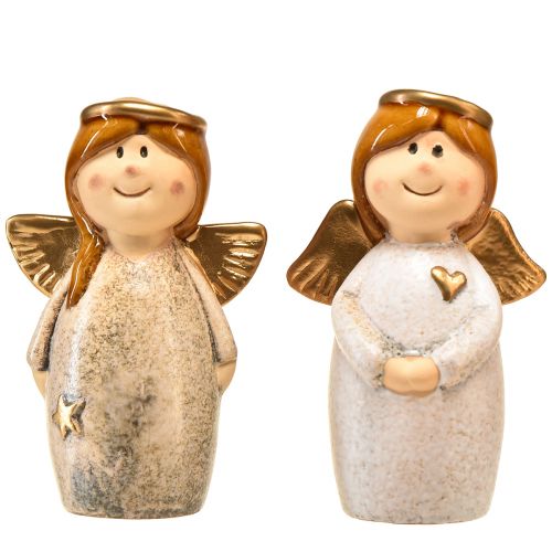 Article Figurines décoratives d'ange – Crème et blanc avec accents dorés, 13 cm – Embellissement céleste pour votre maison – Lot de 2
