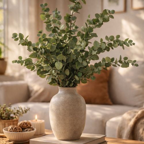 Article Branches et feuilles décoratives d'eucalyptus séchées et stabilisées, rondes, vertes, 150 g