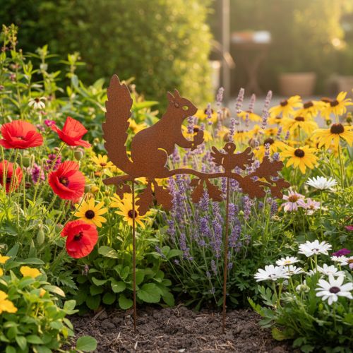 Écureuil décoratif de jardin sur piquet, métal vieilli, 42 cm de haut, 3 pièces | Floristik24.fr