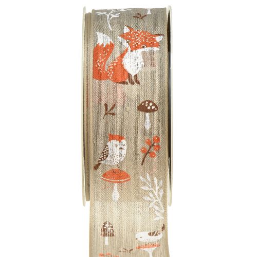 Article Ruban cadeau automne avec renard et champignons lin gris 40mm 15m