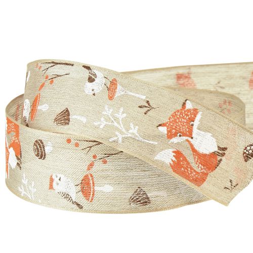 Article Ruban cadeau automne avec renard et champignons lin gris 40mm 15m