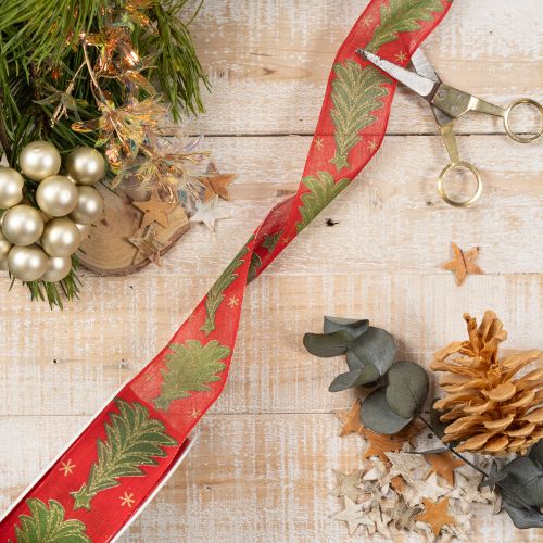 Ruban décoratif tissu sapin étoiles 40mm 15m rouge vert or | Floristik24.fr