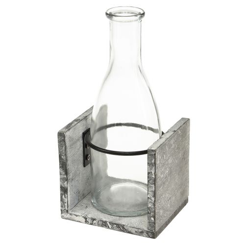 Vase en verre sur support en bois gris, 9,5x8x20cm - Décoration rustique avec 4 bouteilles