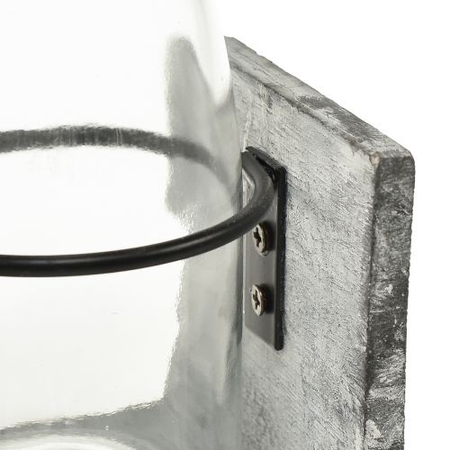 Article Vase en verre sur support en bois gris, 9,5x8x20cm - Décoration rustique avec 4 bouteilles