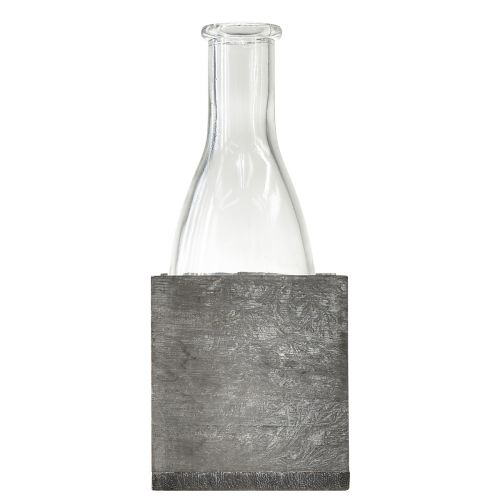 Article Vase en verre sur support en bois gris, 9,5x8x20cm - Décoration rustique avec 4 bouteilles