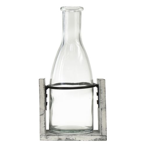 Article Vase en verre sur support en bois gris, 9,5x8x20cm - Décoration rustique avec 4 bouteilles