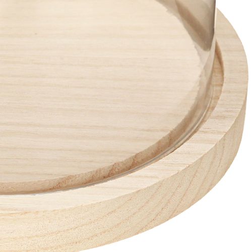 Article Cloche en verre sur plateau en bois, pot en verre, transparent, naturel, Ø17cm, H24cm