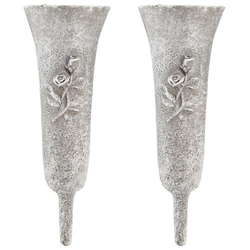 Article Vase funéraire Gris Vase à piquer avec motif roses H26cm 2pc