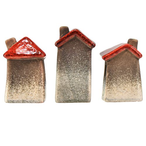 Article Maisons romantiques en céramique avec motif cœur - tons rouges et naturels, 11 cm - décoration d&#39;hiver conçue avec amour - 3 pcs