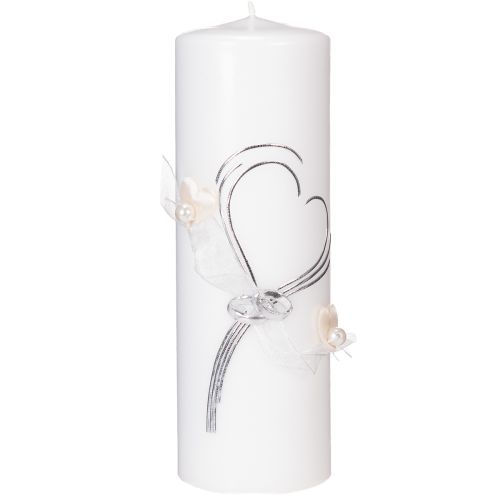 Floristik24 Bougie de mariage festive ornée d'un élégant motif en forme de cœur, de décorations argentées et d'un ruban d'organza – idéale pour les mariages et les noces d'argent, 230 x 80 mm