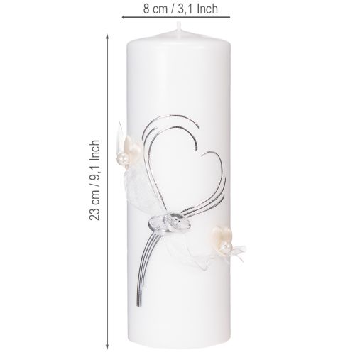 Article Bougie de mariage festive ornée d'un élégant motif en forme de cœur, de décorations argentées et d'un ruban d'organza – idéale pour les mariages et les noces d'argent, 230 x 80 mm