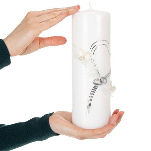 Article Bougie de mariage festive ornée d'un élégant motif en forme de cœur, de décorations argentées et d'un ruban d'organza – idéale pour les mariages et les noces d'argent, 230 x 80 mm