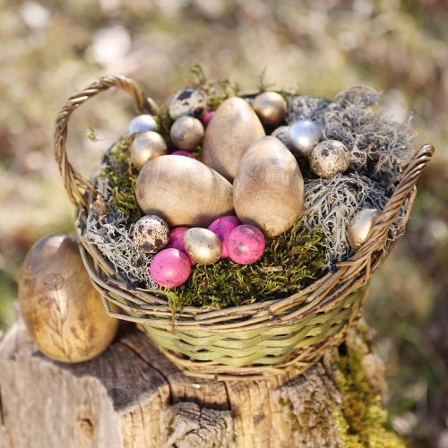 Article Oeufs en bois de manguier naturel Oeufs de Pâques en bois décor floral H10cm 3 pcs